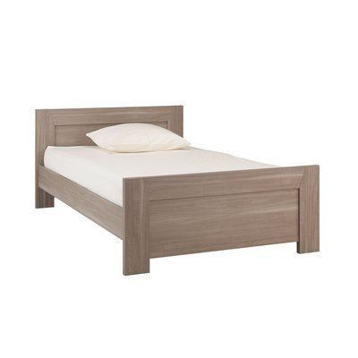 Single wooden bed frame with rectangular headboard and footboard, light brown finish, fitted with a white mattress and pillow, photographed against a plain white background.