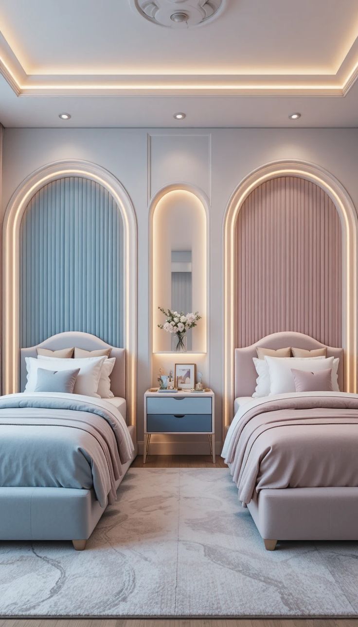 Modern twin bedroom featuring plush headboards, one styled in blue tones and the other in pink, with layered bedding, central nightstand with decorative items, illuminated arched niches, LED lighting, chandelier, and patterned rug