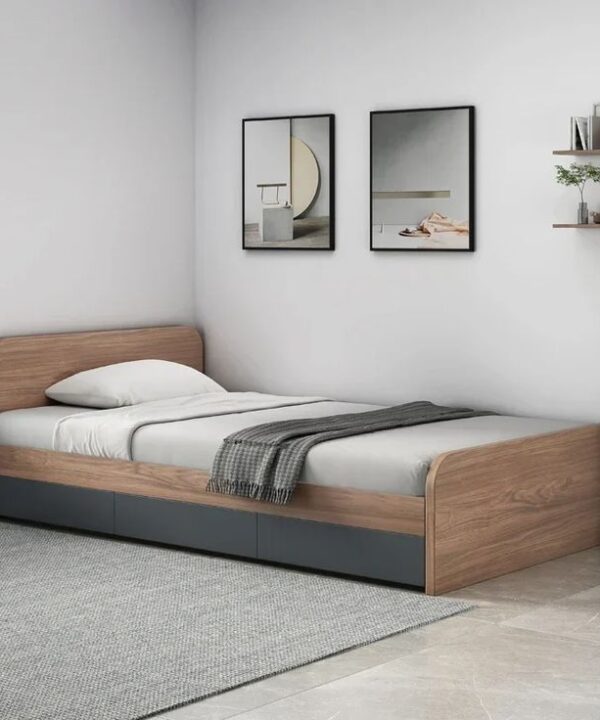 Modern single wooden bed with light wood finish, integrated dark storage drawers, gray bedding, floating shelf with décor, framed wall art, and large gray area rug in a minimalist bedroom.
