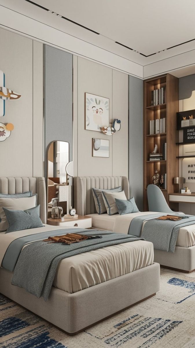 Modern shared bedroom with two single beds featuring upholstered beige headboards, blue and white bedding, central nightstand with décor, wall art with vertical panels, built-in shelving unit, desk setup with chair, patterned rug, and cozy lighting