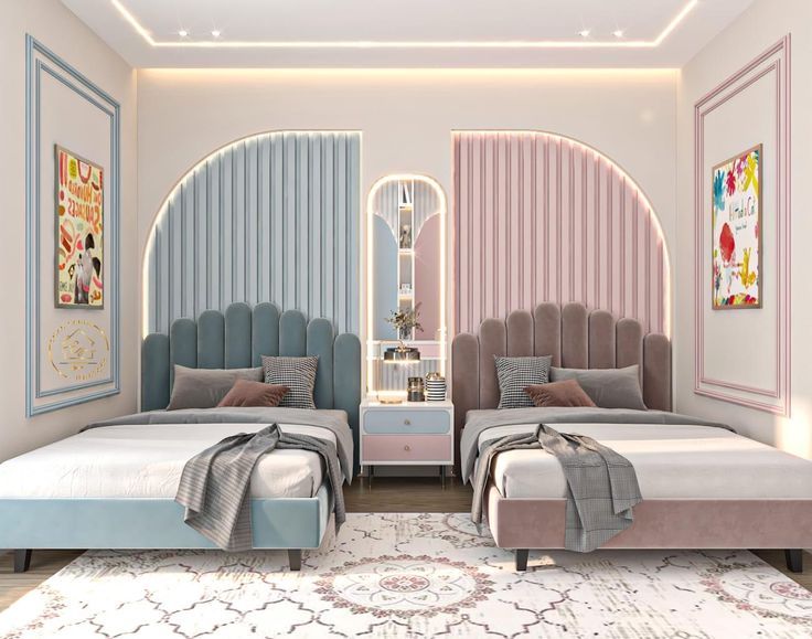Stylish twin bedroom featuring upholstered headboards in muted blue and soft pink, layered bedding, two-toned nightstand with books and flowers, mirrored shelving unit with ambient lighting, arched wall panels, patterned rug, and recessed ceiling lights.