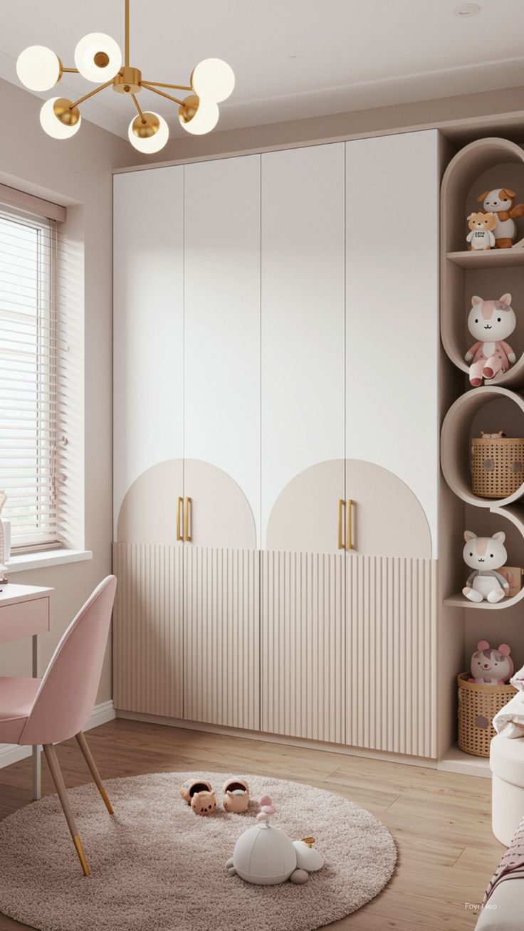 Custom Modern Arched Fluted Kids Armoire Display Set